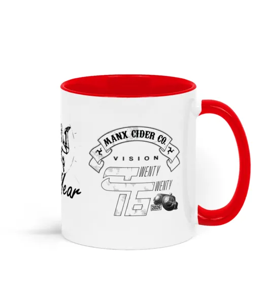 Manx Cider Vision 2026 in partnership with All Seasons red two-toned ceramic mug